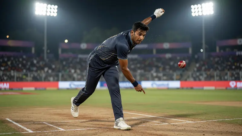 Cricket bowler in mid-delivery stride on a professional pitch under stadium lights