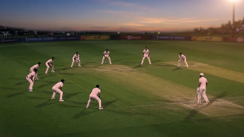 Fielders arranged in a tactical ring on the outfield with a batter at the crease in evening light