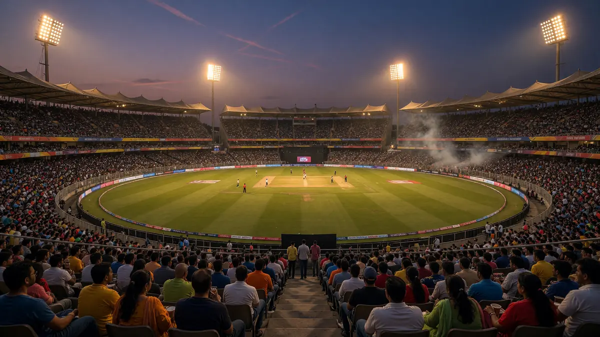 Packed cricket stadium at dusk with warm floodlights and a full playing ground