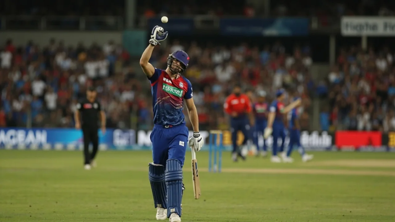 Wide view of an Indian cricket stadium with players on the field during a professional match under floodlights