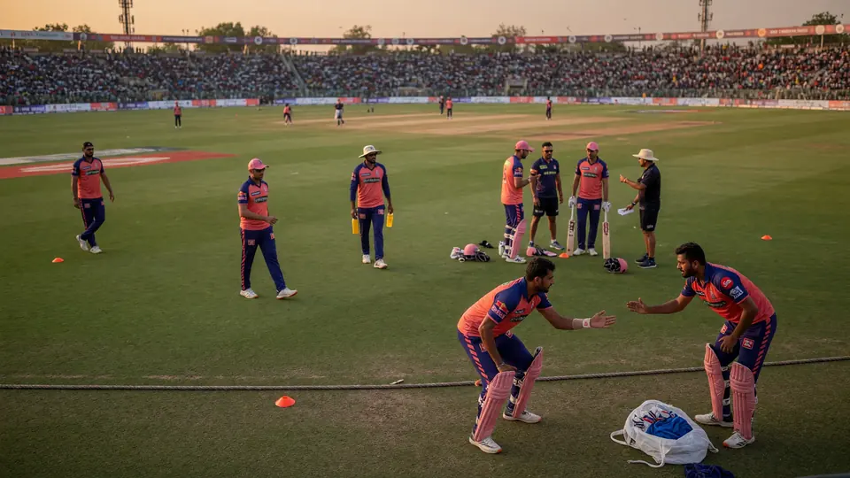 Fielders and a bowler set in a tactical circle on the outfield during a professional cricket match