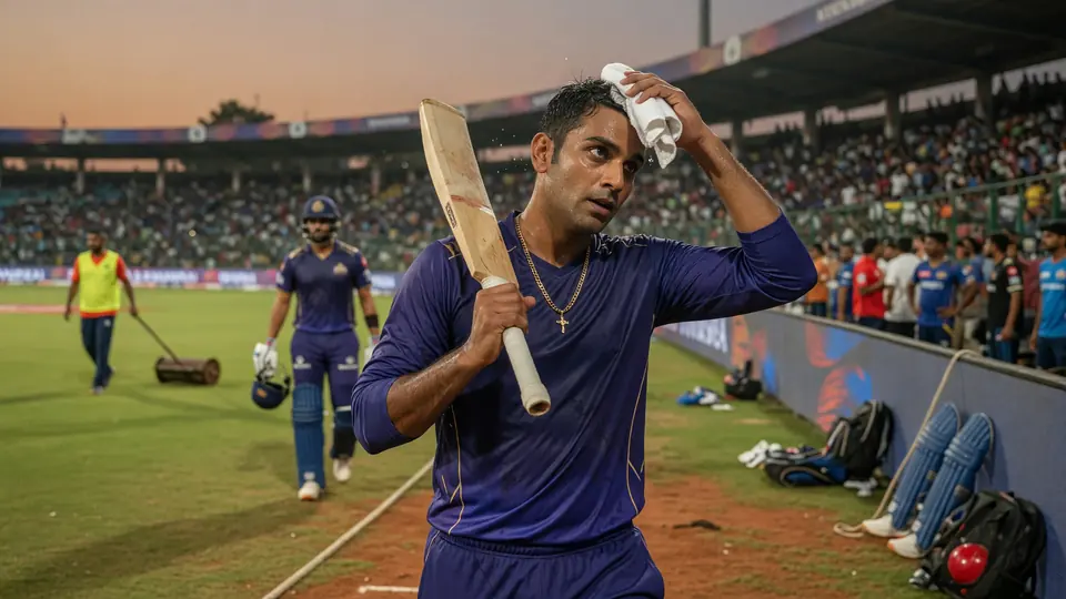 Cricket batter swinging through a delivery under stadium lights with a blurred outfield behind