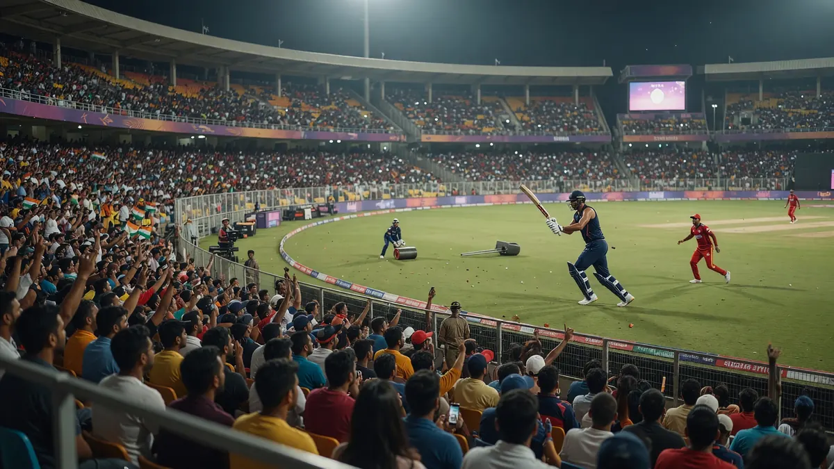 Wide night view of a packed cricket stadium with floodlights and a full ground during a professional match