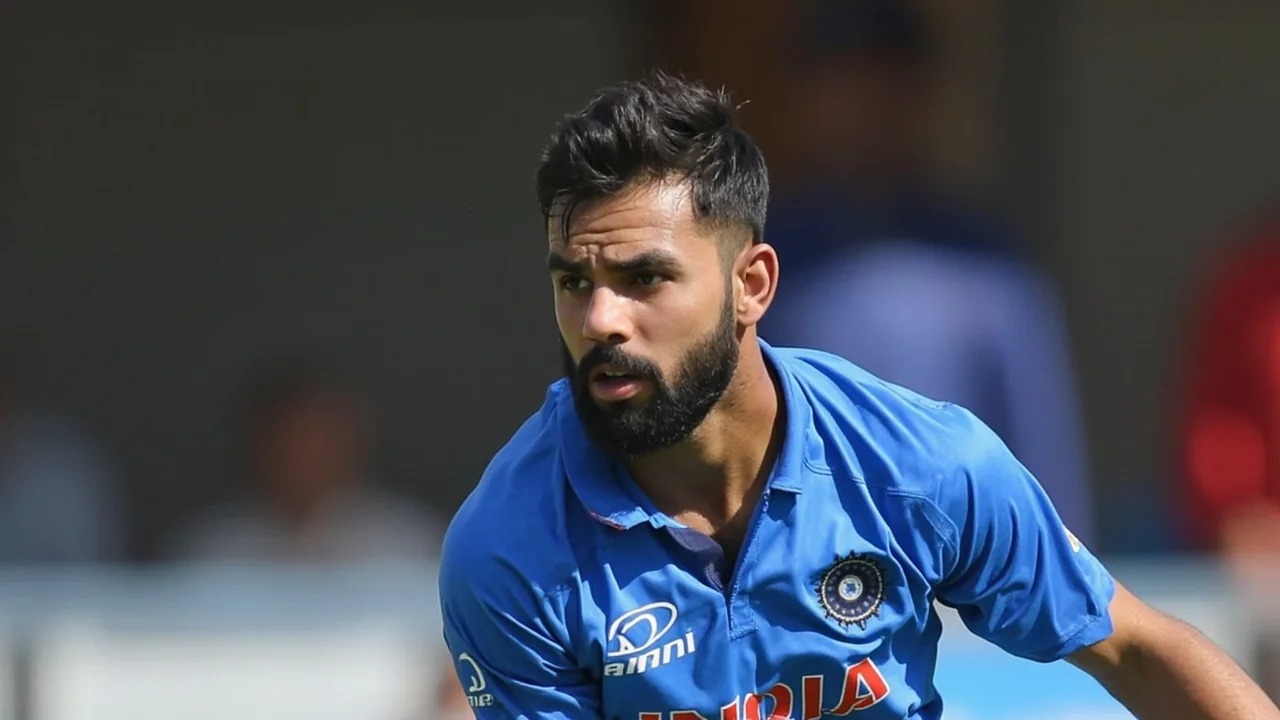 Indian cricketer playing a cover drive during a professional ODI match with stadium lights behind the bowler’s end
