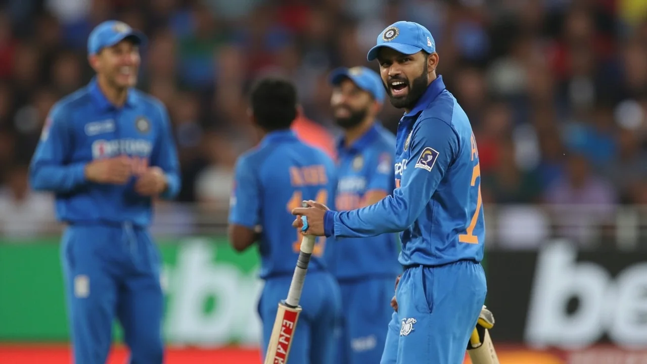 Cricket team in a tactical huddle near the boundary rope during an ODI match with fielders positioned across the outfield